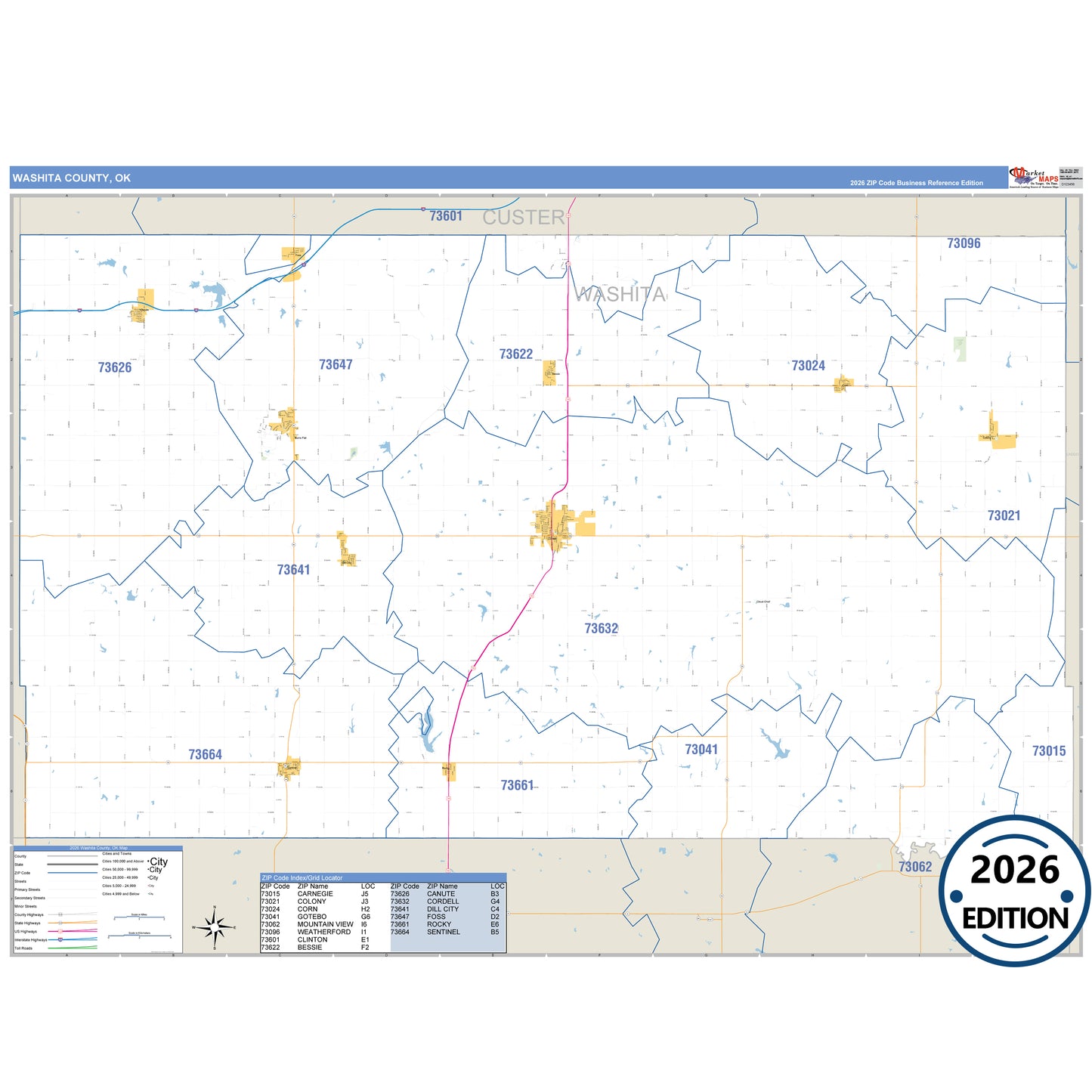 Washita County, OK Business Reference 5 Digit ZIP Code Wall Map