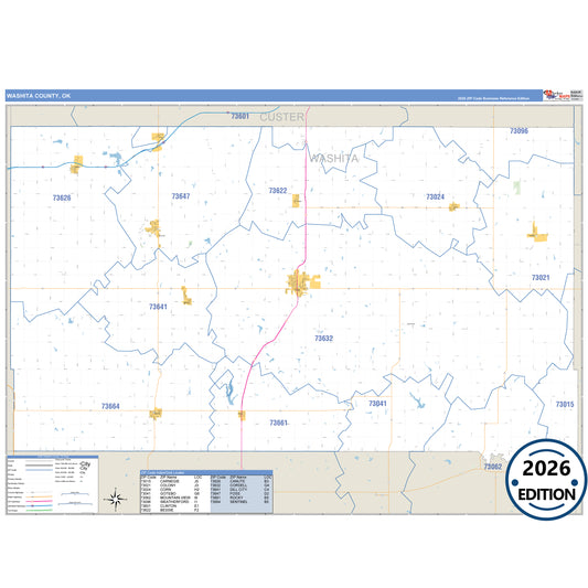 Washita County, OK Business Reference 5 Digit ZIP Code Wall Map