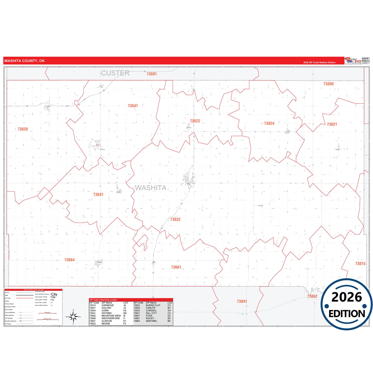 Washita County, OK Red Line 5 Digit ZIP Code Wall Map