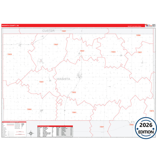 Washita County, OK Red Line 5 Digit ZIP Code Wall Map