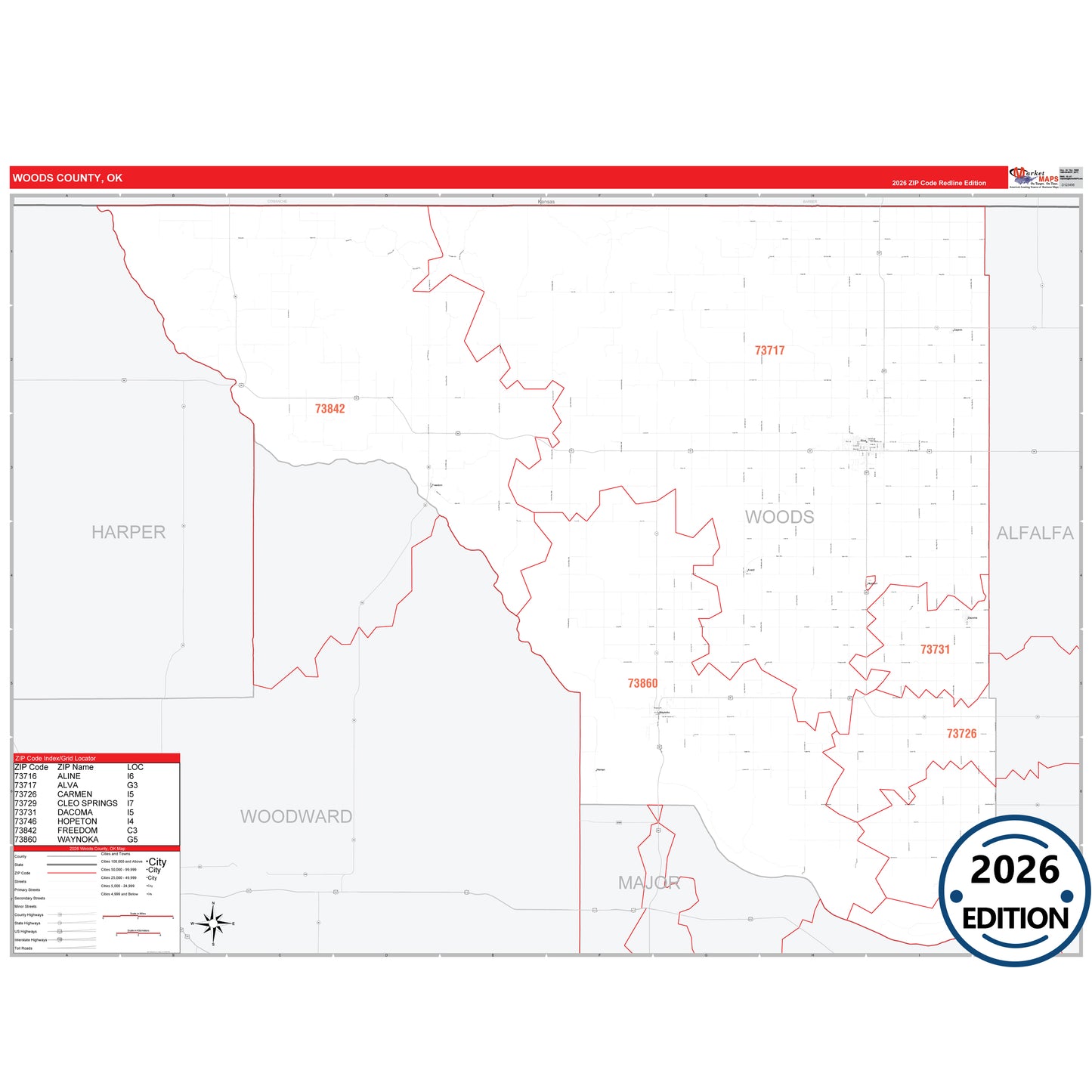 Woods County, OK Red Line 5 Digit ZIP Code Wall Map