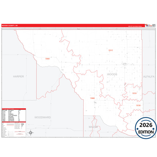 Woods County, OK Red Line 5 Digit ZIP Code Wall Map