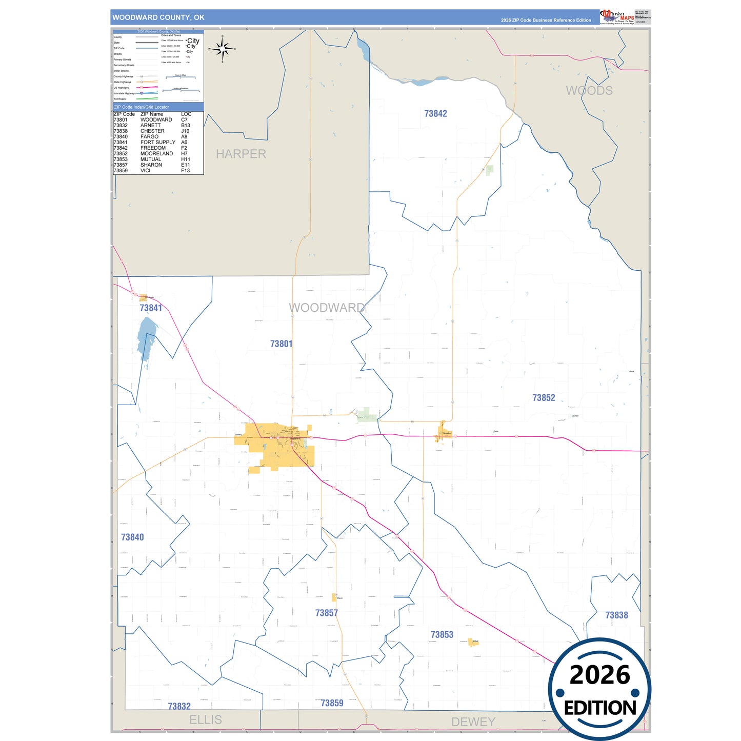 Woodward County, OK Business Reference 5 Digit ZIP Code Wall Map