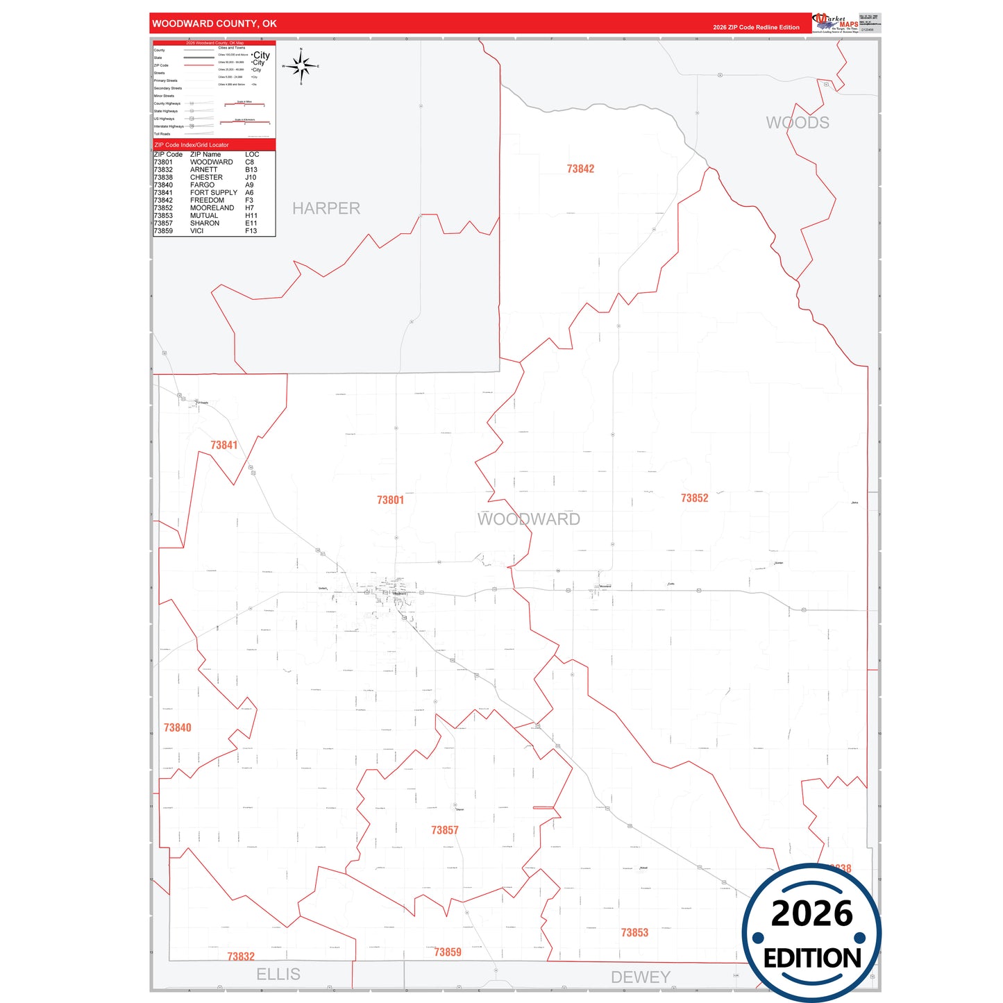 Woodward County, OK Red Line 5 Digit ZIP Code Wall Map