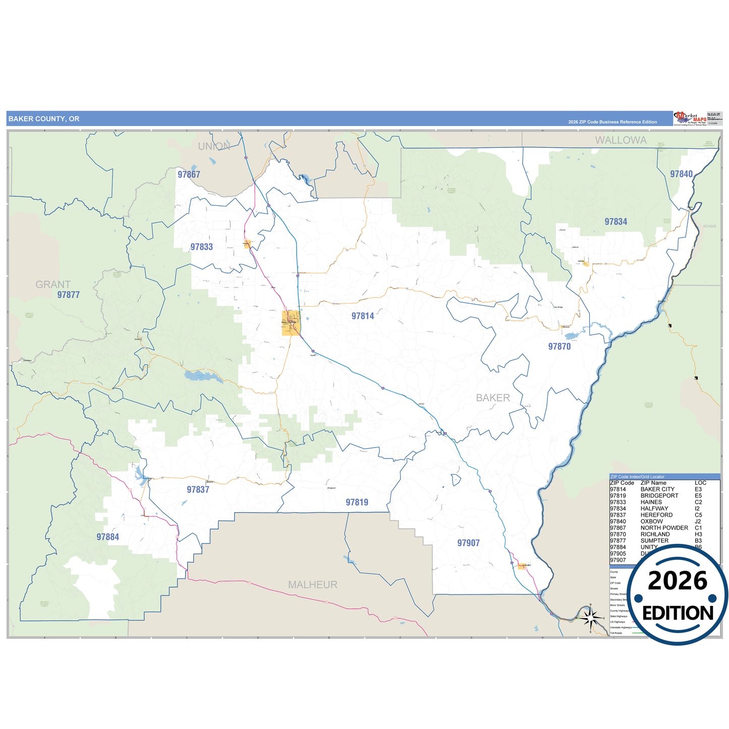 Baker County, OR Business Reference 5 Digit ZIP Code Wall Map