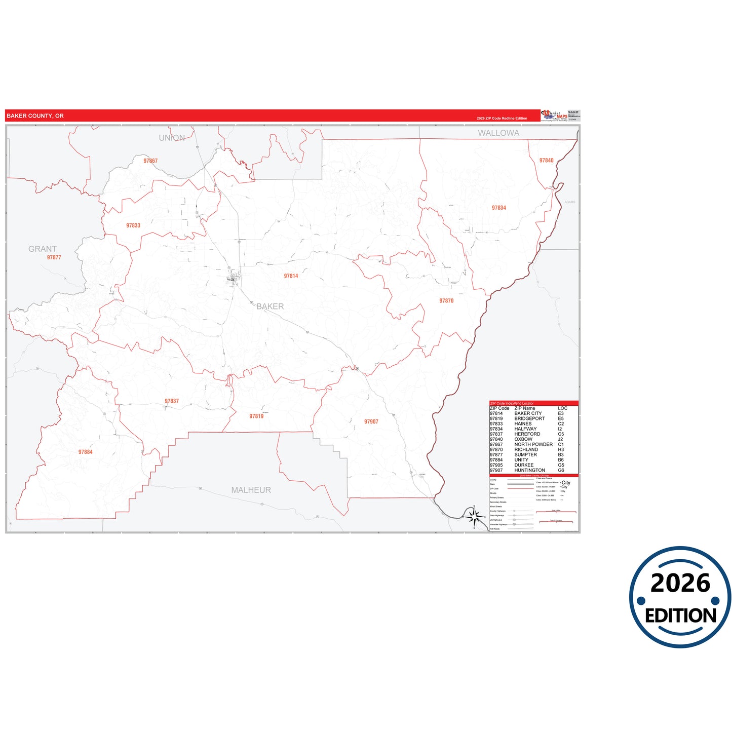 Baker County, OR Red Line 5 Digit ZIP Code Wall Map