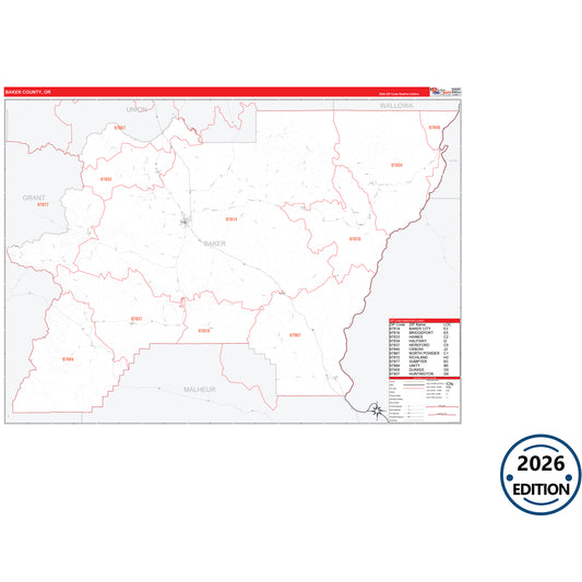 Baker County, OR Red Line 5 Digit ZIP Code Wall Map