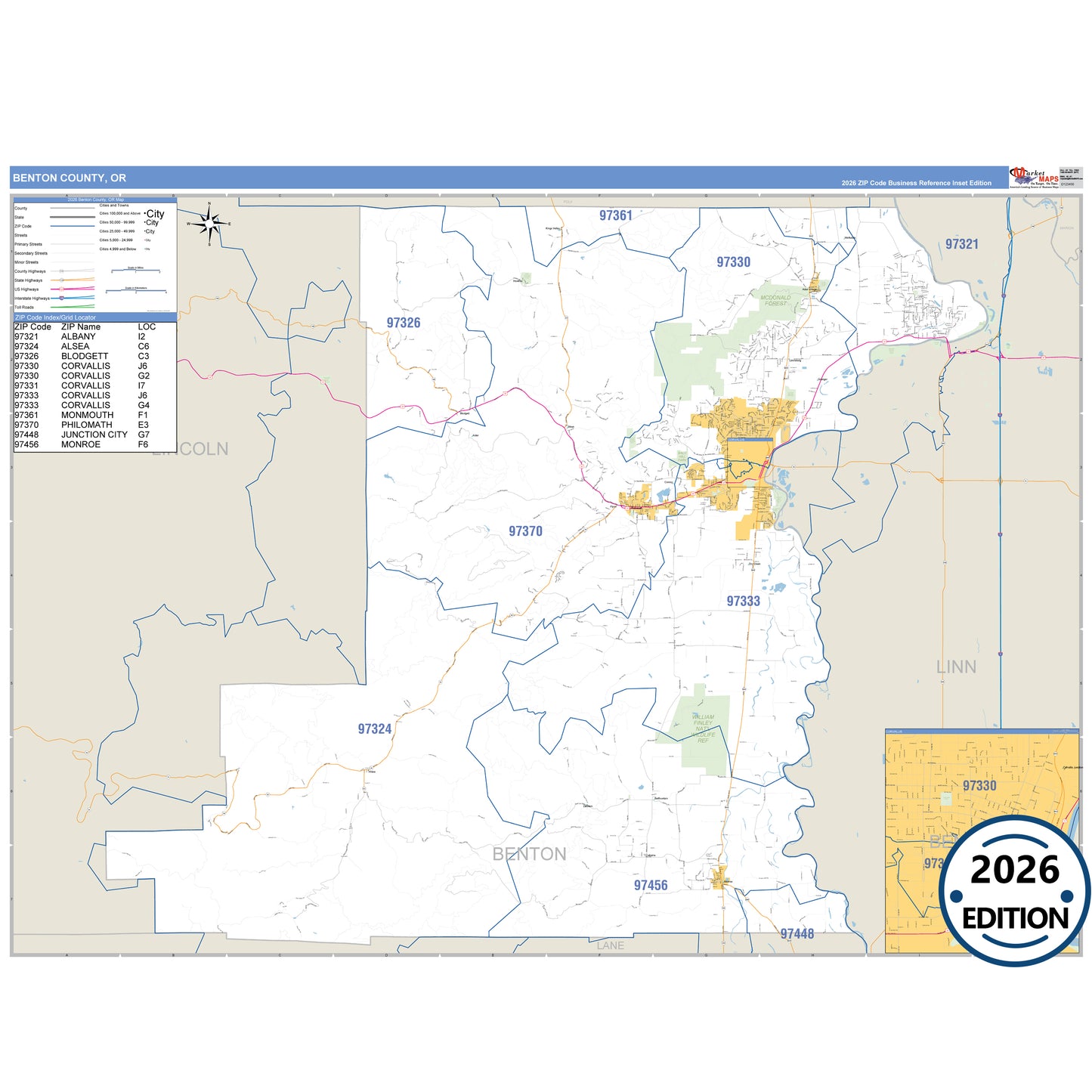 Benton County, OR Business Reference 5 Digit ZIP Code Wall Map