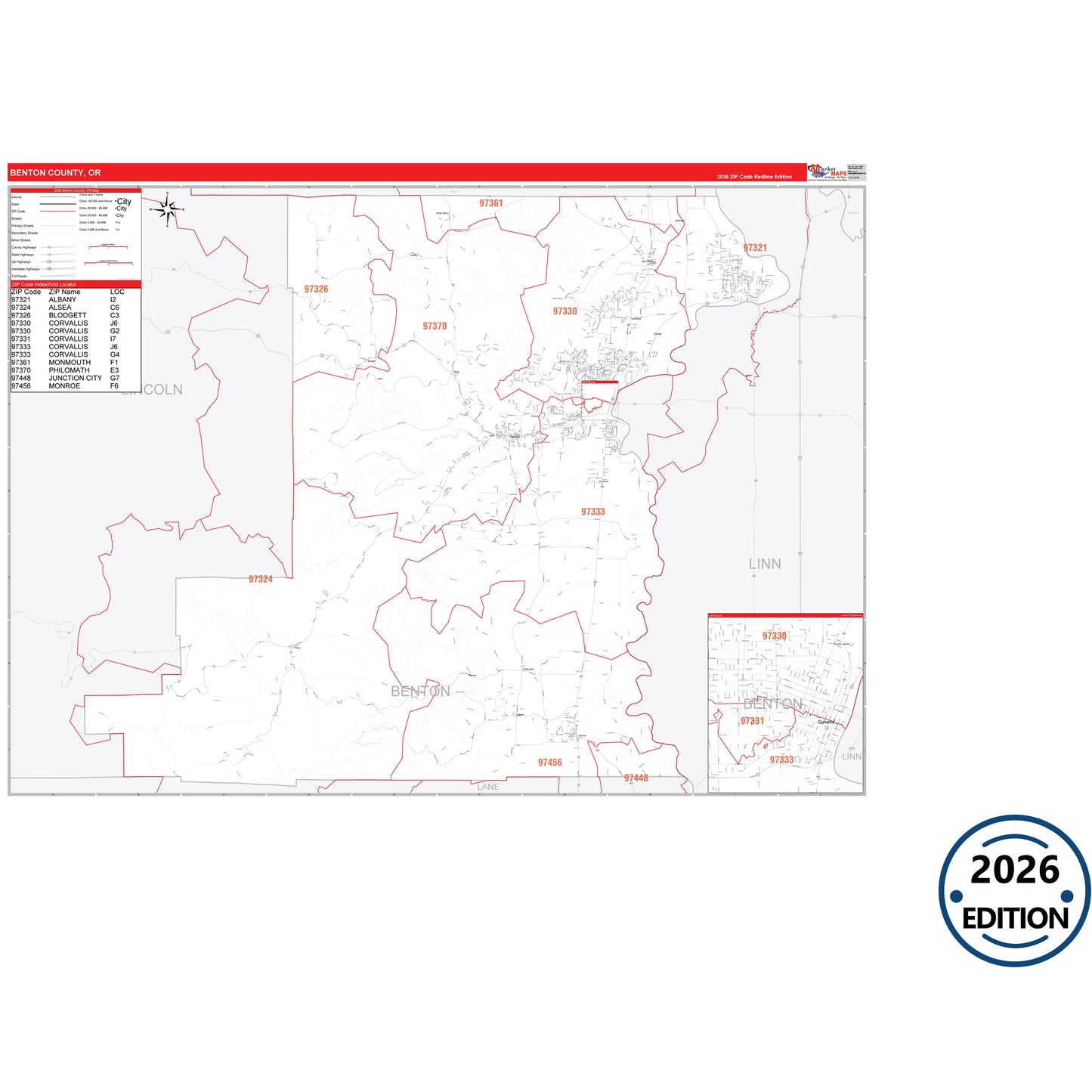 Benton County, OR Red Line 5 Digit ZIP Code Wall Map