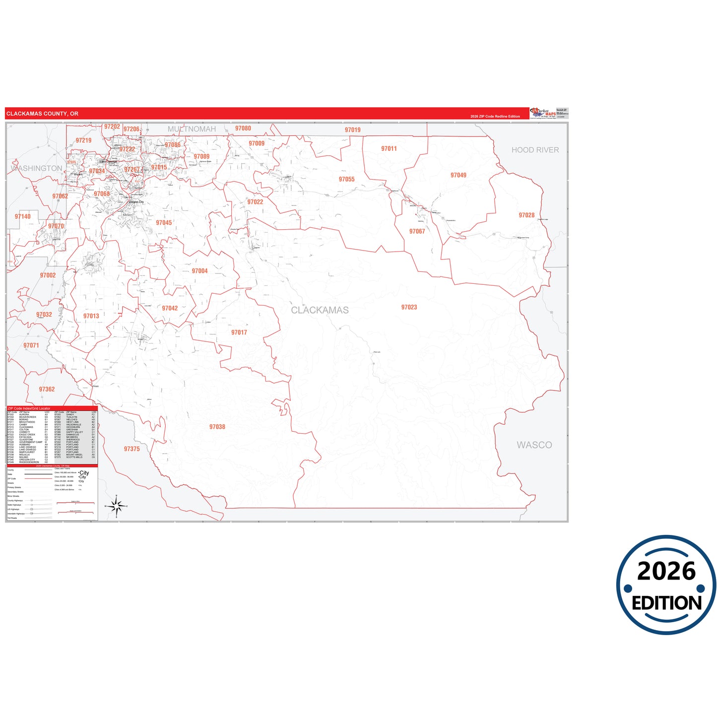 Clackamas County, OR Red Line 5 Digit ZIP Code Wall Map