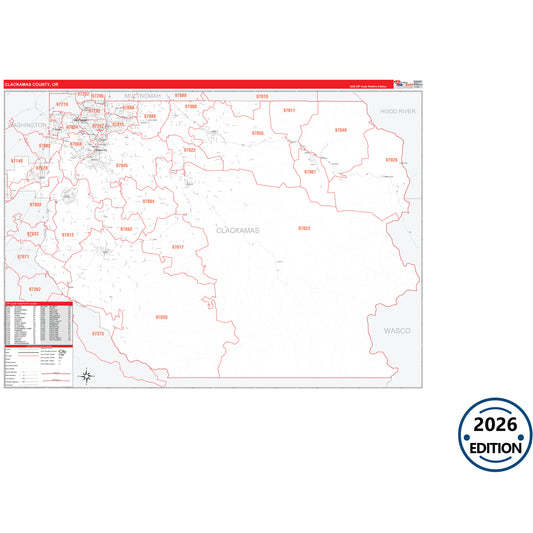 Clackamas County, OR Red Line 5 Digit ZIP Code Wall Map