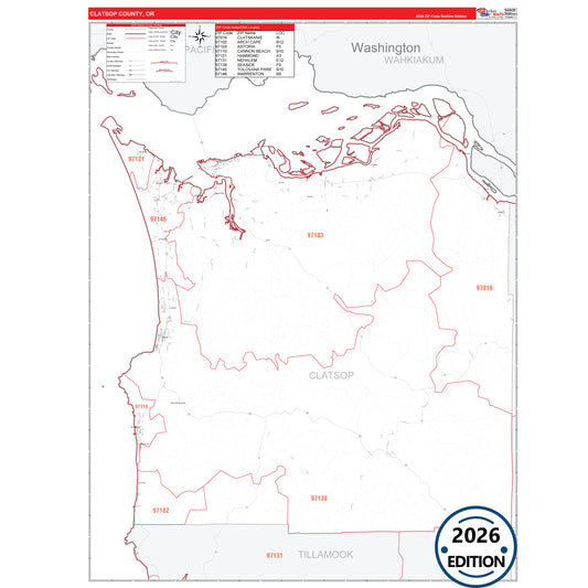 Clatsop County, OR Red Line 5 Digit ZIP Code Wall Map