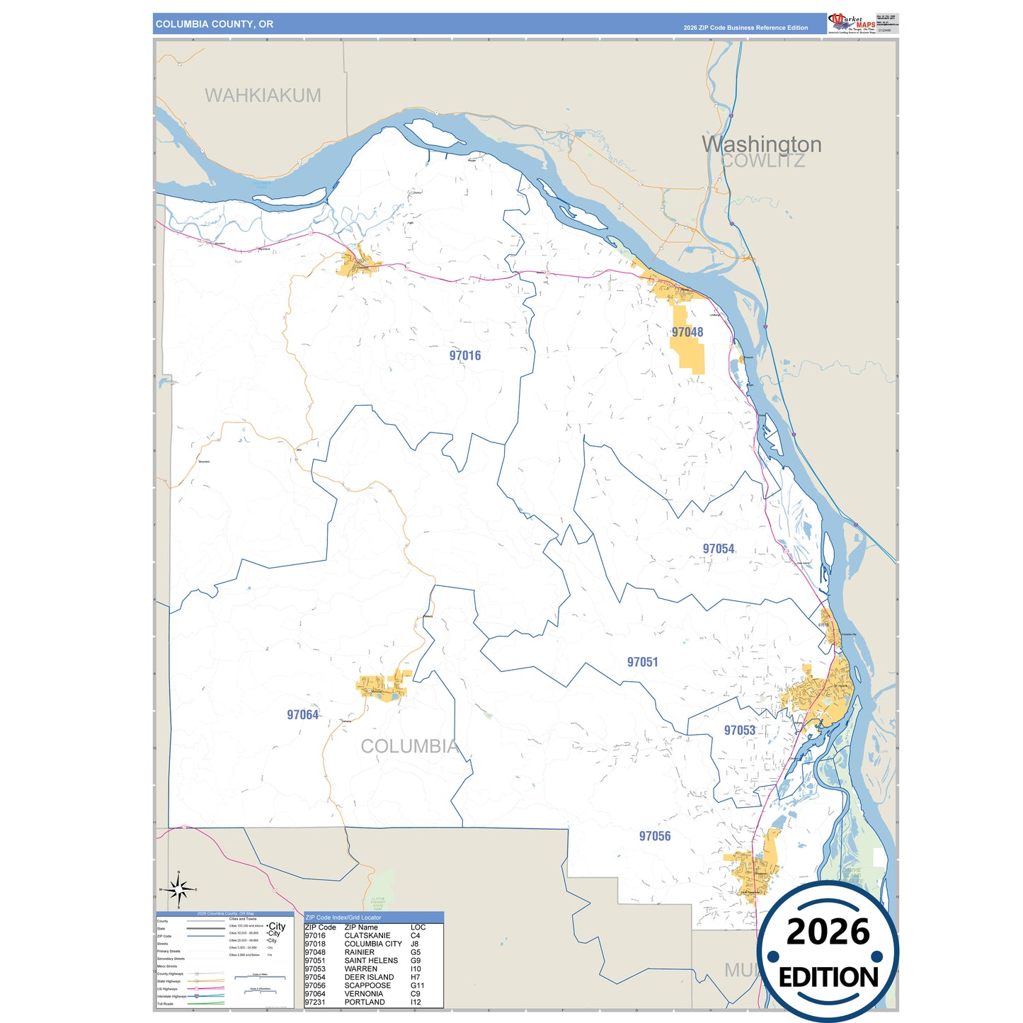 Columbia County, OR Business Reference 5 Digit ZIP Code Wall Map