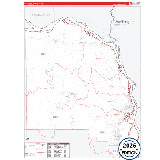 Columbia County, OR Red Line 5 Digit ZIP Code Wall Map