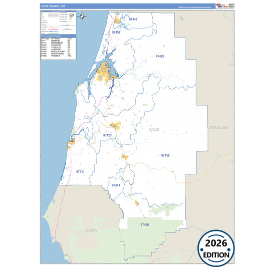 Coos County, OR Business Reference 5 Digit ZIP Code Wall Map