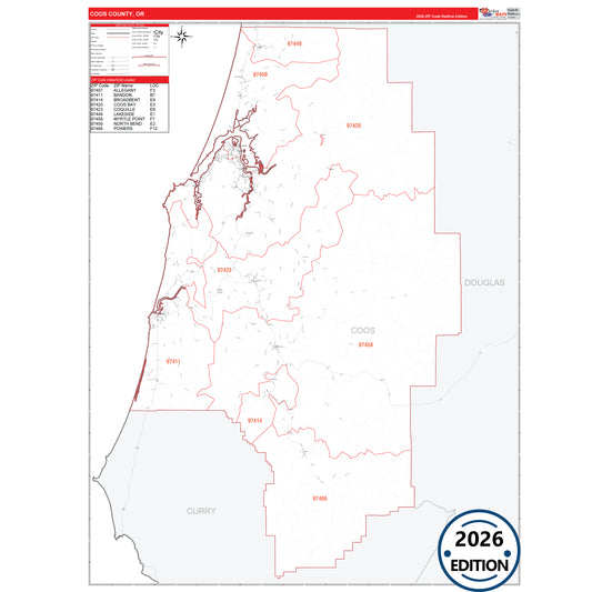 Coos County, OR Red Line 5 Digit ZIP Code Wall Map