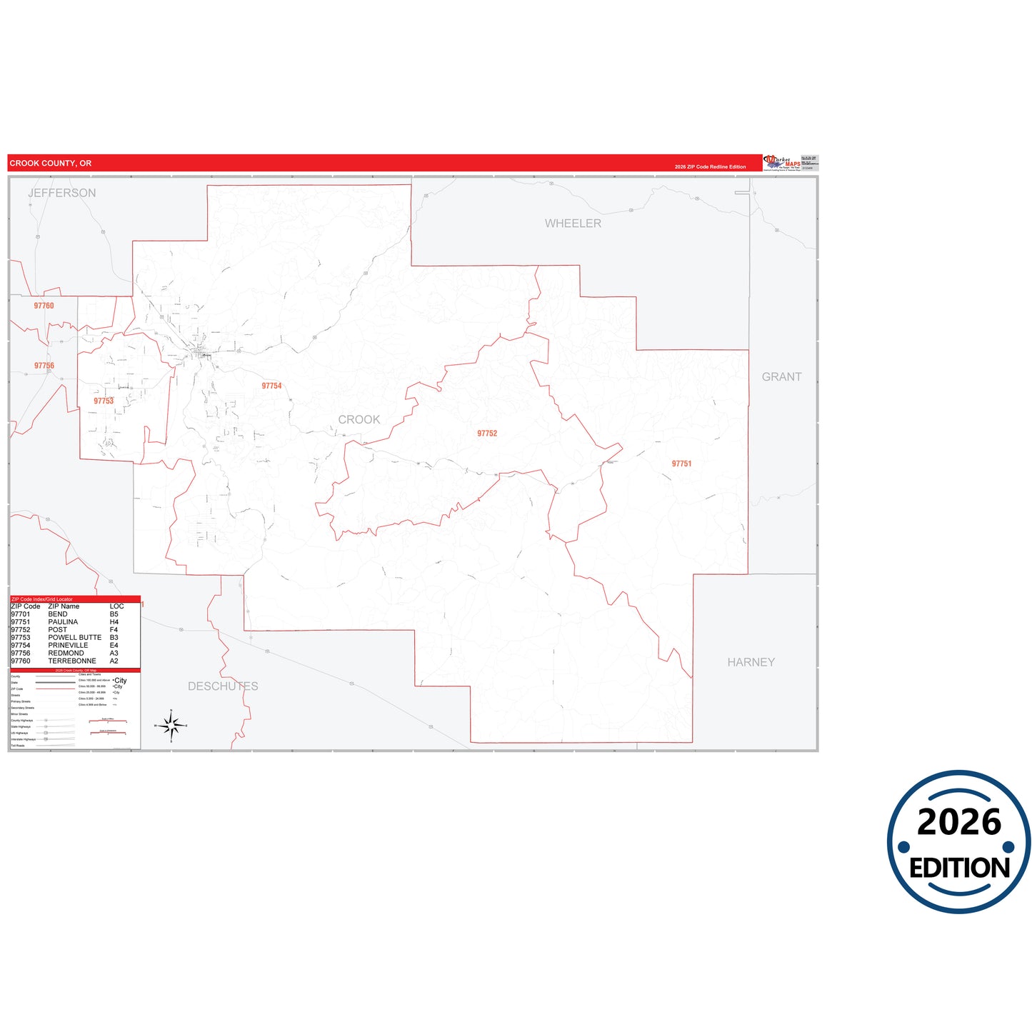 Crook County, OR Red Line 5 Digit ZIP Code Wall Map