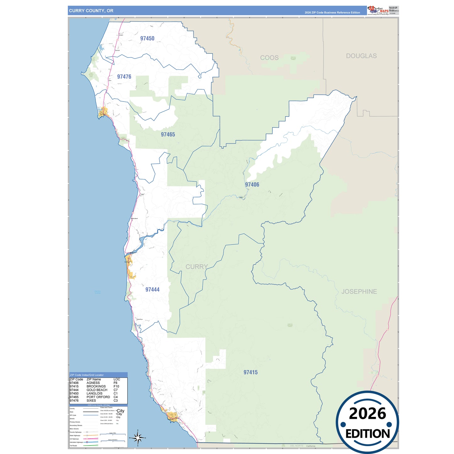 Curry County, OR Business Reference 5 Digit ZIP Code Wall Map