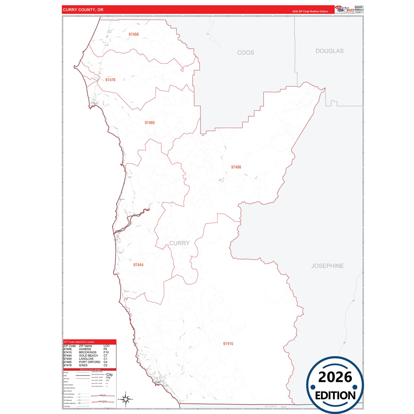 Curry County, OR Red Line 5 Digit ZIP Code Wall Map