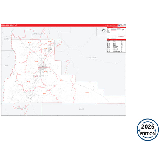 Deschutes County, OR Red Line 5 Digit ZIP Code Wall Map