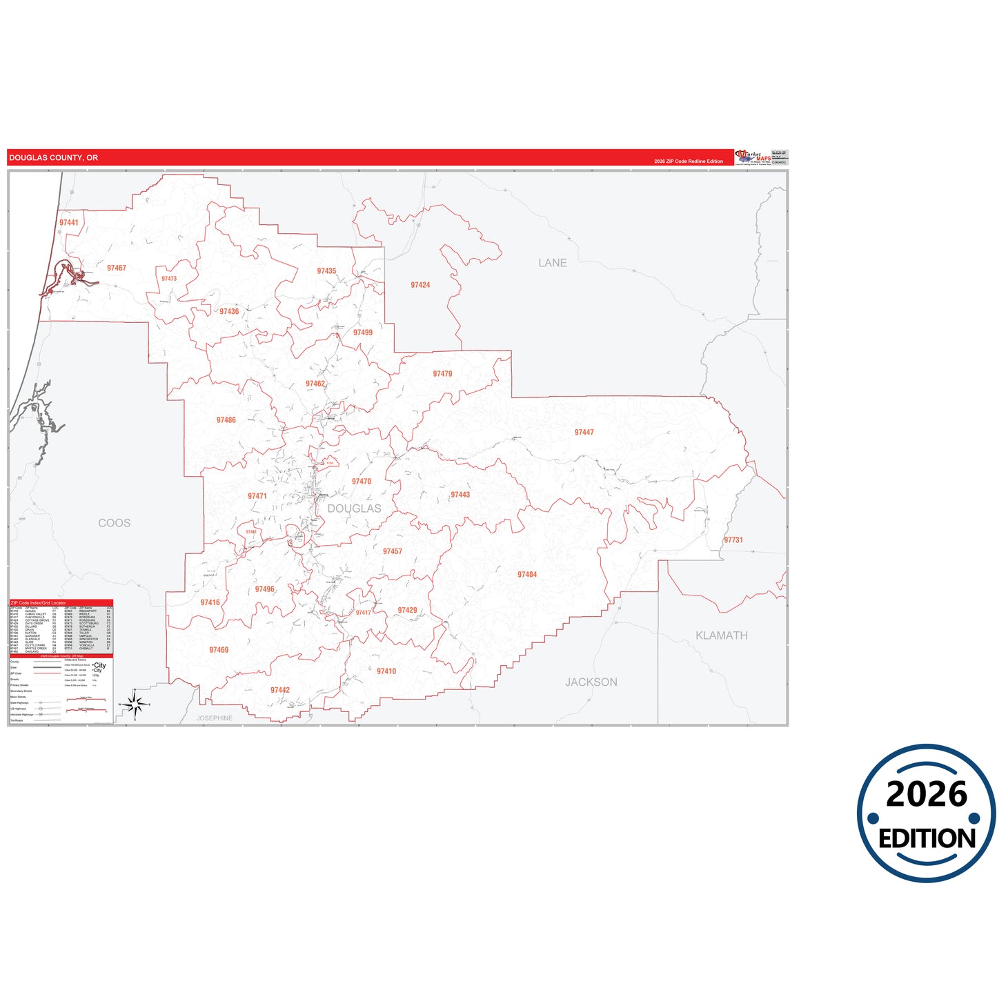 Douglas County, OR Red Line 5 Digit ZIP Code Wall Map