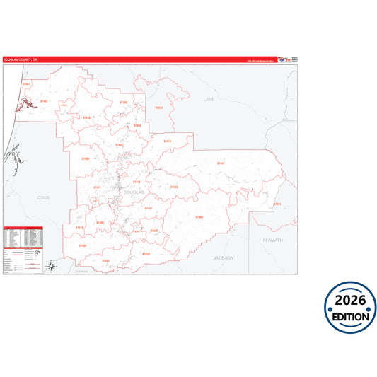 Douglas County, OR Red Line 5 Digit ZIP Code Wall Map