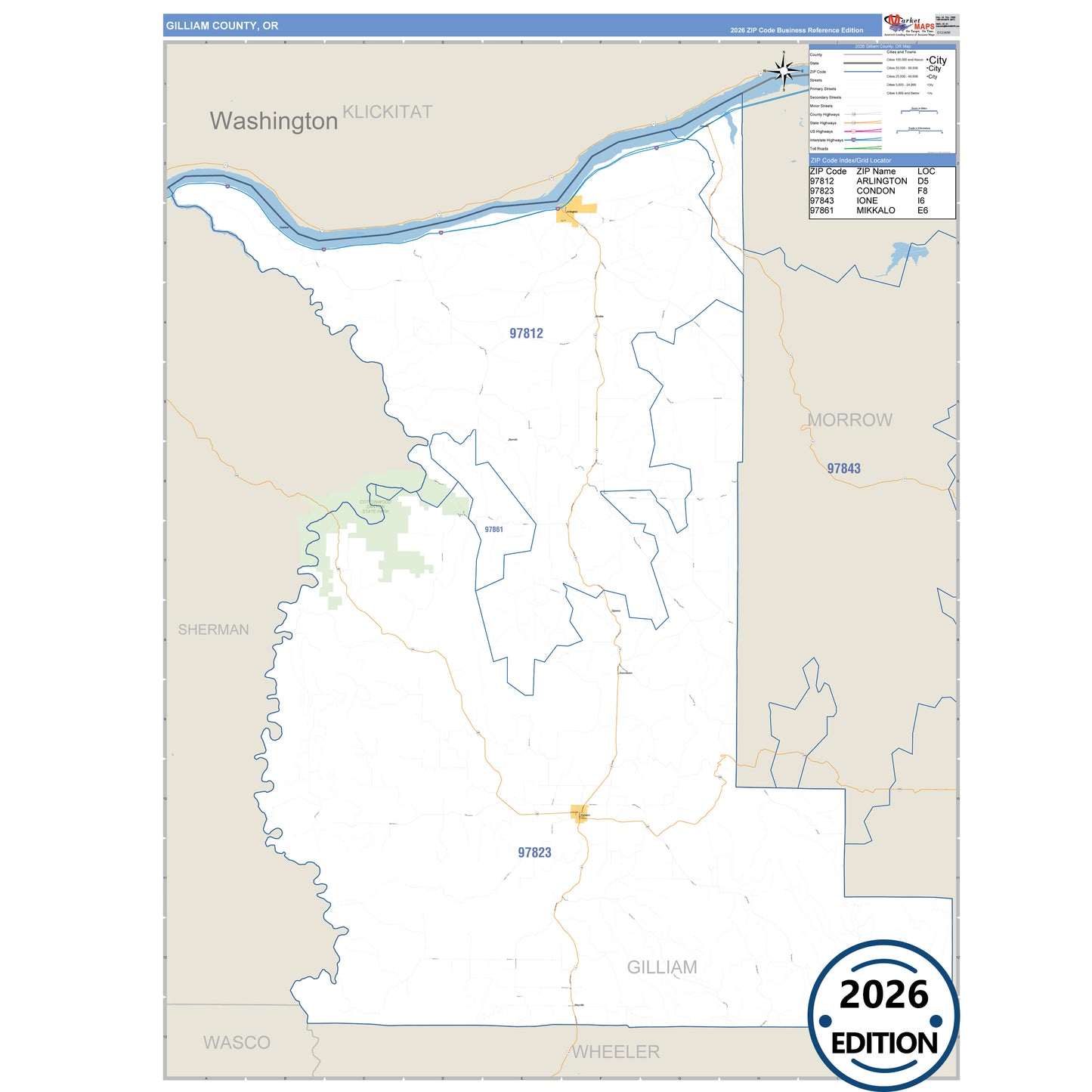 Gilliam County, OR Business Reference 5 Digit ZIP Code Wall Map
