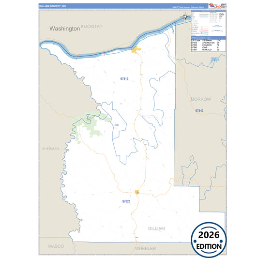 Gilliam County, OR Business Reference 5 Digit ZIP Code Wall Map