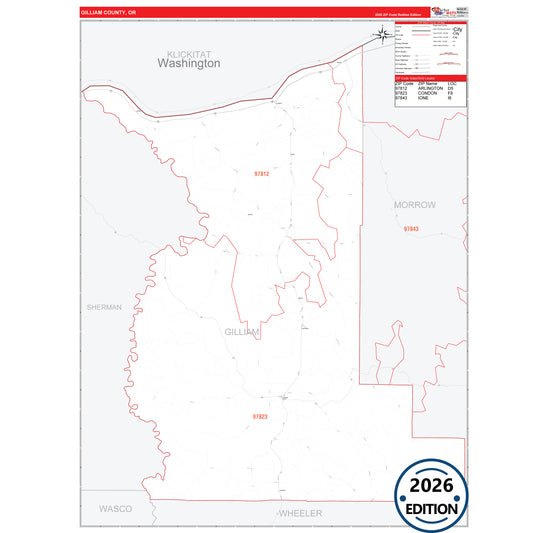 Gilliam County, OR Red Line 5 Digit ZIP Code Wall Map
