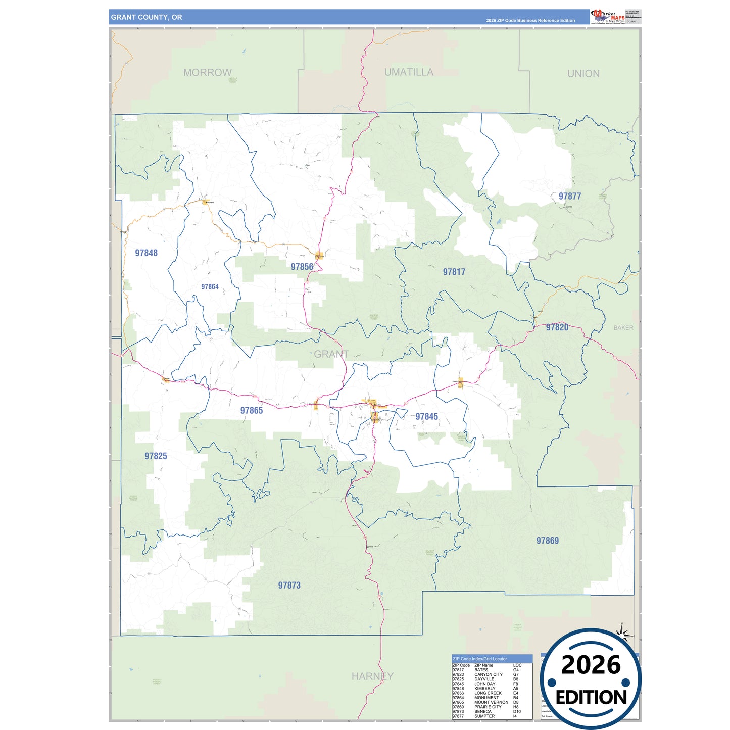 Grant County, OR Business Reference 5 Digit ZIP Code Wall Map