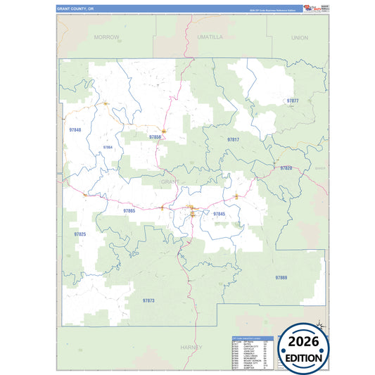 Grant County, OR Business Reference 5 Digit ZIP Code Wall Map