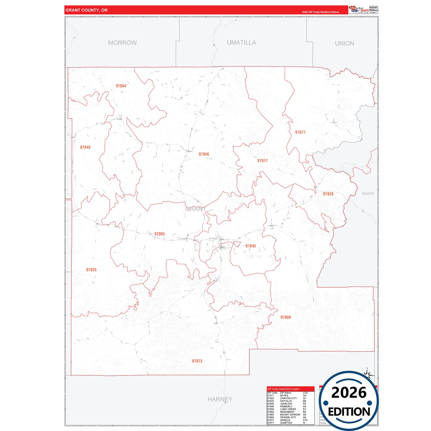 Grant County, OR Red Line 5 Digit ZIP Code Wall Map