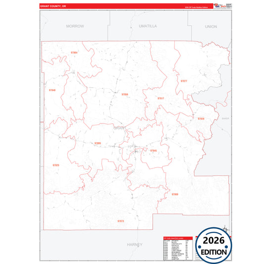 Grant County, OR Red Line 5 Digit ZIP Code Wall Map