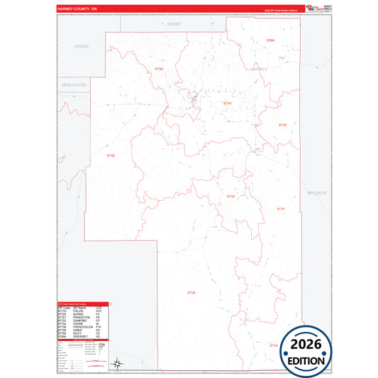 Harney County, OR Red Line 5 Digit ZIP Code Wall Map