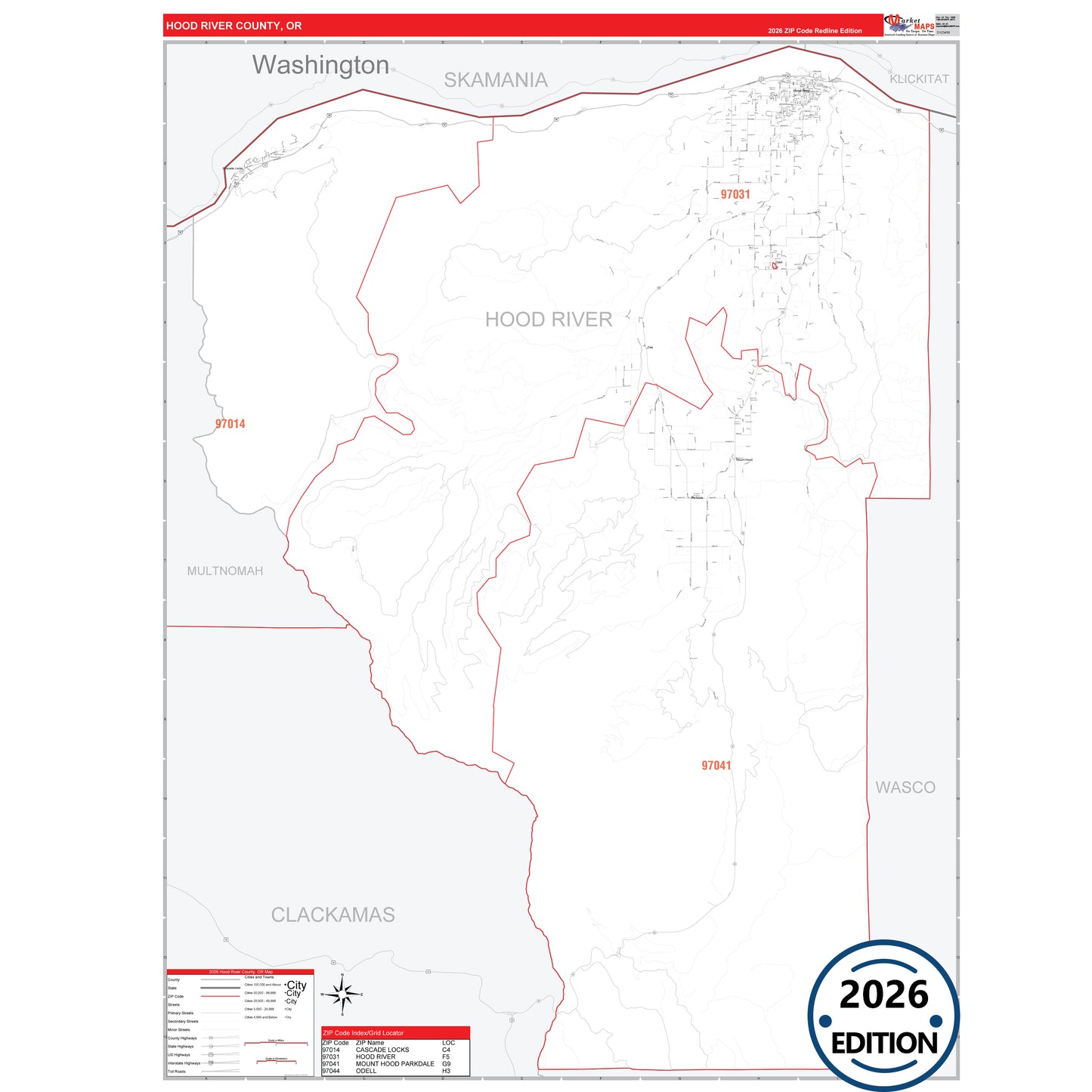 Hood River County, OR Red Line 5 Digit ZIP Code Wall Map