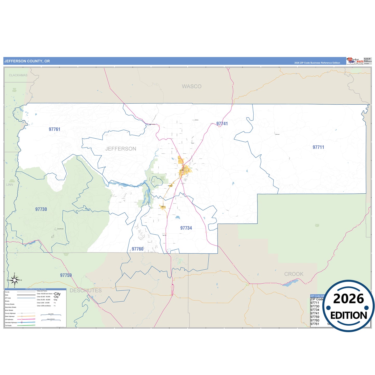 Jefferson County, OR Business Reference 5 Digit ZIP Code Wall Map