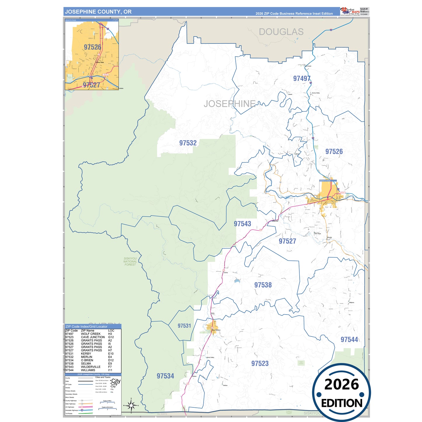 Josephine County, OR Business Reference 5 Digit ZIP Code Wall Map