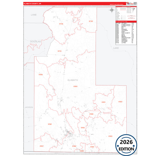 Klamath County, OR Red Line 5 Digit ZIP Code Wall Map
