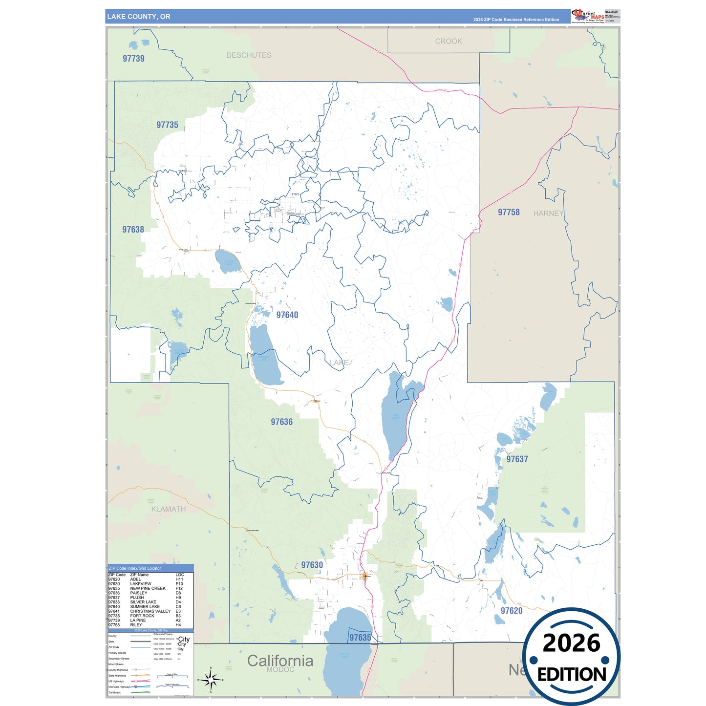 Lake County, OR Business Reference 5 Digit ZIP Code Wall Map