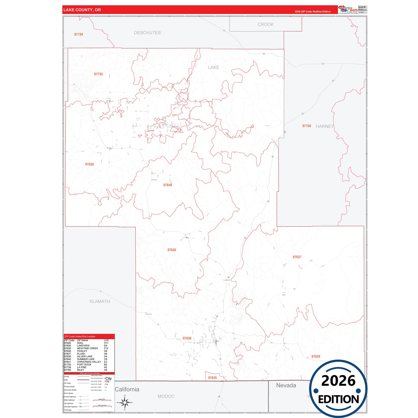 Lake County, OR Red Line 5 Digit ZIP Code Wall Map