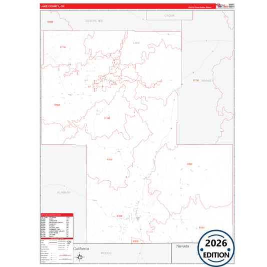 Lake County, OR Red Line 5 Digit ZIP Code Wall Map