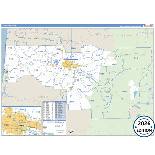 Lane County, OR Business Reference 5 Digit ZIP Code Wall Map