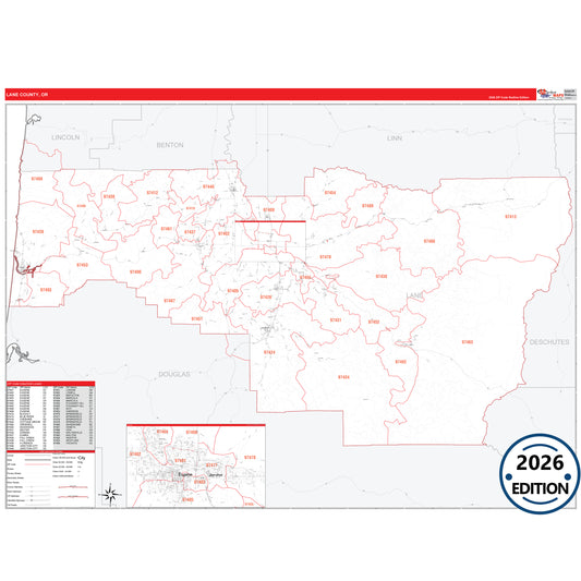 Lane County, OR Red Line 5 Digit ZIP Code Wall Map