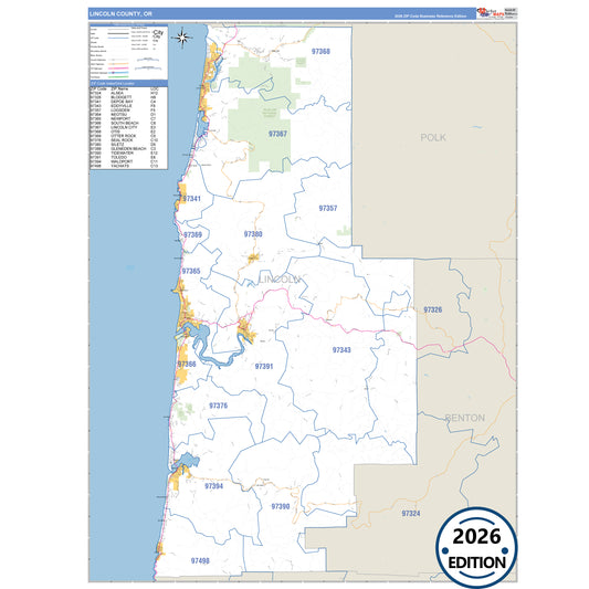 Lincoln County, OR Business Reference 5 Digit ZIP Code Wall Map