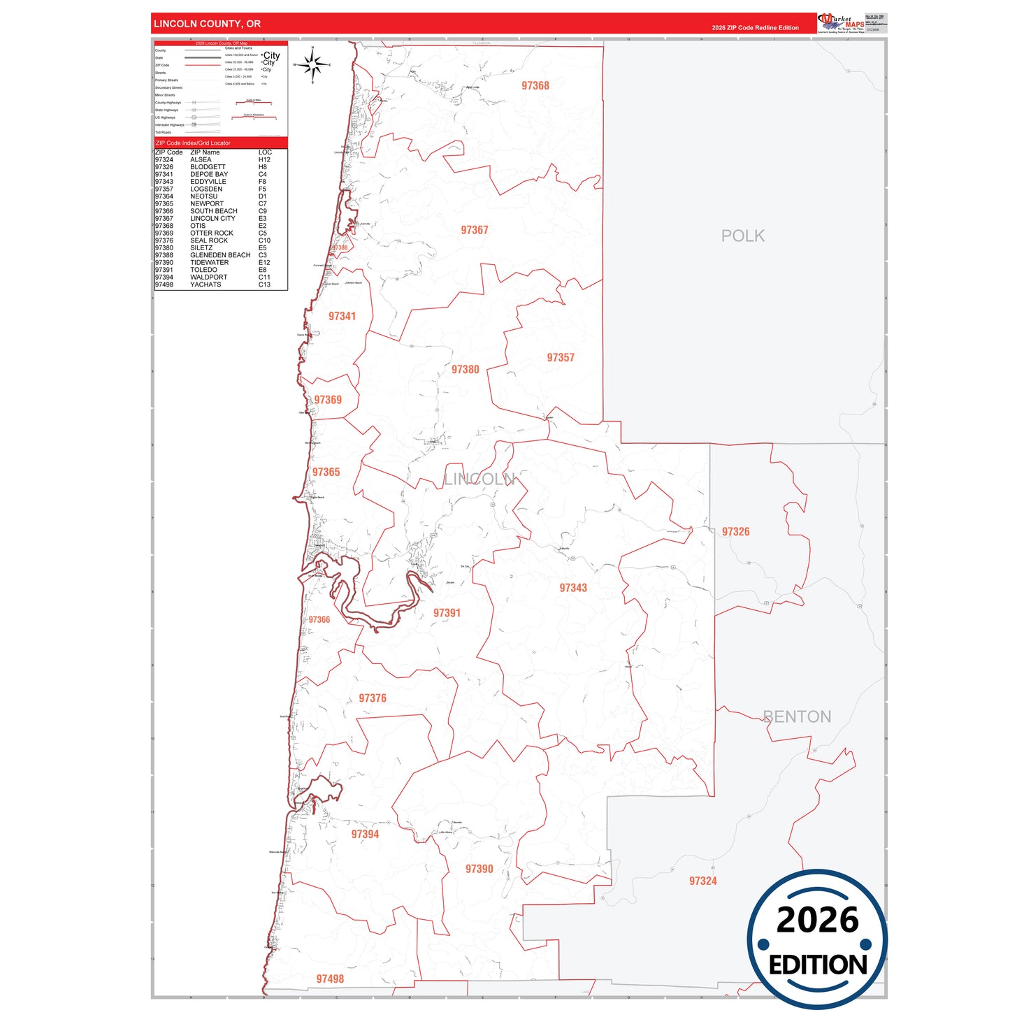 Lincoln County, OR Red Line 5 Digit ZIP Code Wall Map