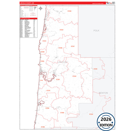 Lincoln County, OR Red Line 5 Digit ZIP Code Wall Map
