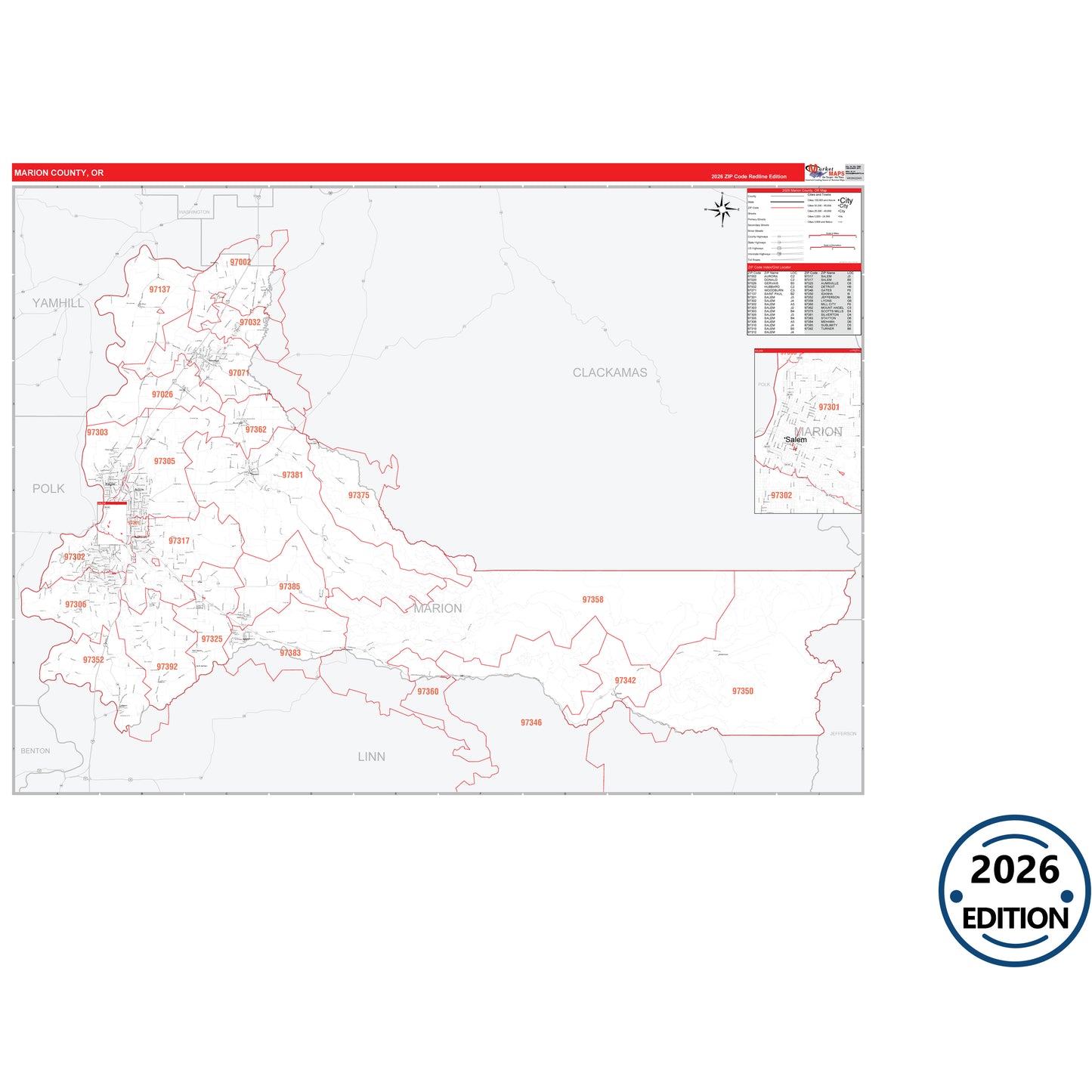 Marion County, OR Red Line 5 Digit ZIP Code Wall Map