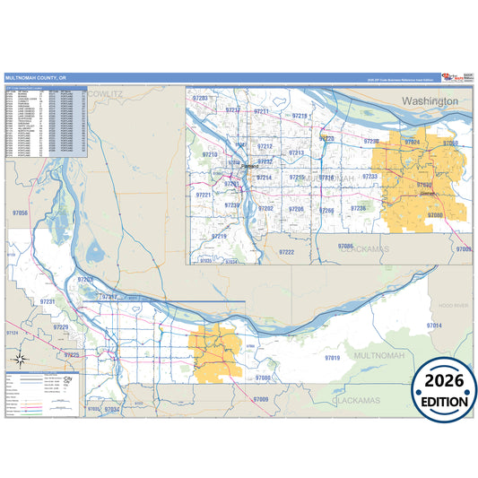 Multnomah County, OR Business Reference 5 Digit ZIP Code Wall Map