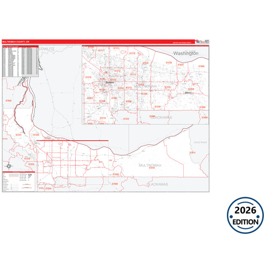 Multnomah County, OR Red Line 5 Digit ZIP Code Wall Map
