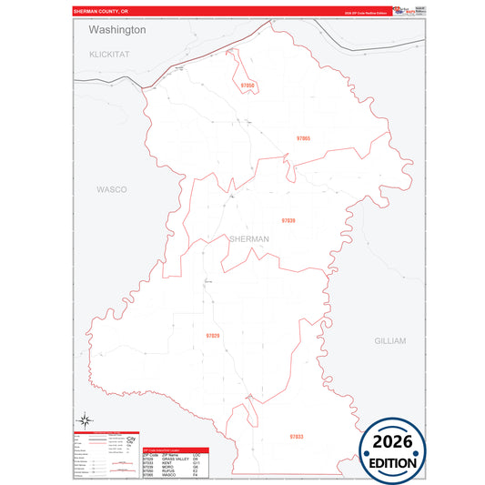 Sherman County, OR Red Line 5 Digit ZIP Code Wall Map